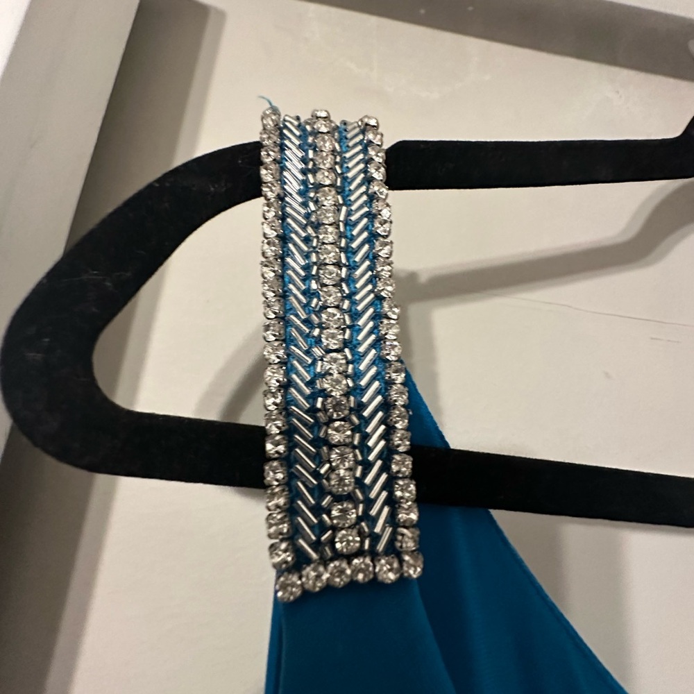 Lauren Ralph Lauren Evening Gown Teal Blue Draped Jeweled Strap Dress size 14 - Picture 3 of 6